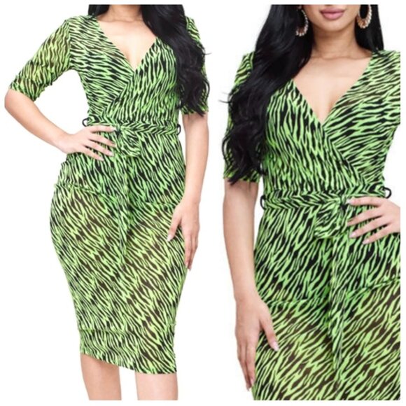 Elosie Lime Green Black Animal Print Sheer Vneck Midi Dress - Picture 2 of 4